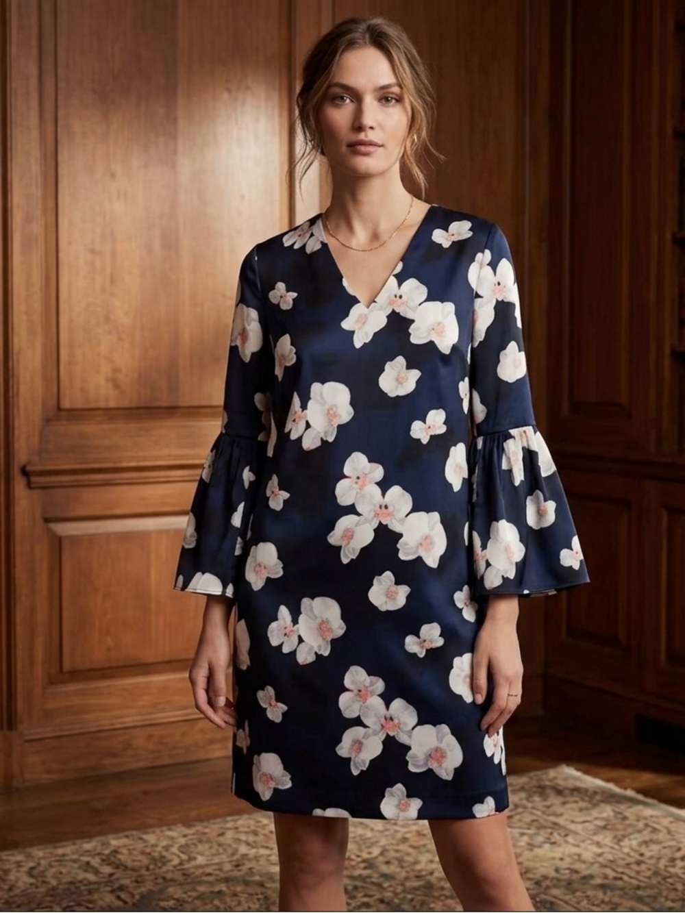 Banana Republic Navy Floral Orchid Bell-Sleeve Shift Dress Size S EUC